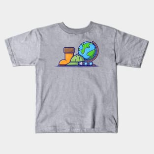 Boot Shoes with Hat, Binoculars and Globe World Cartoon Vector Icon Illustration Kids T-Shirt